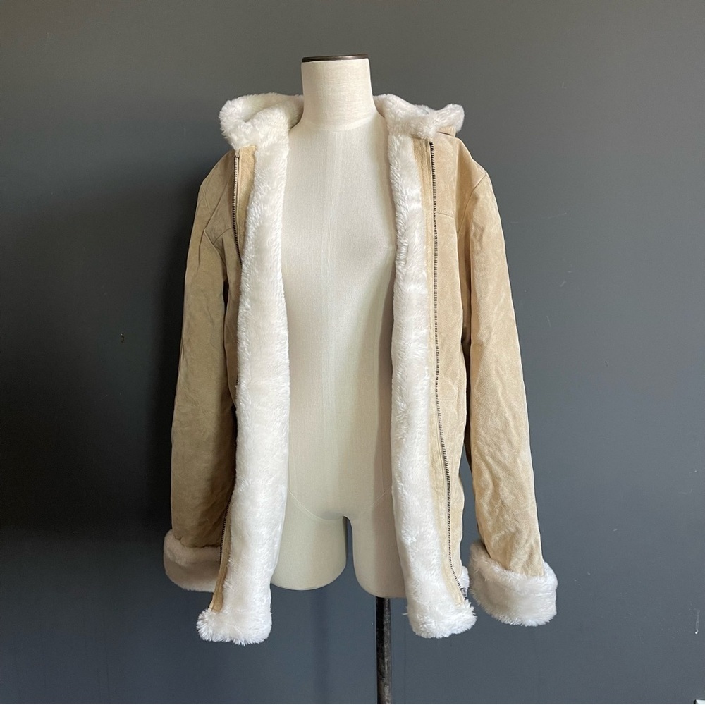 Cream Suede Shearling Hooded Jacket Aviator Winter Coat Quiet Luxury XL